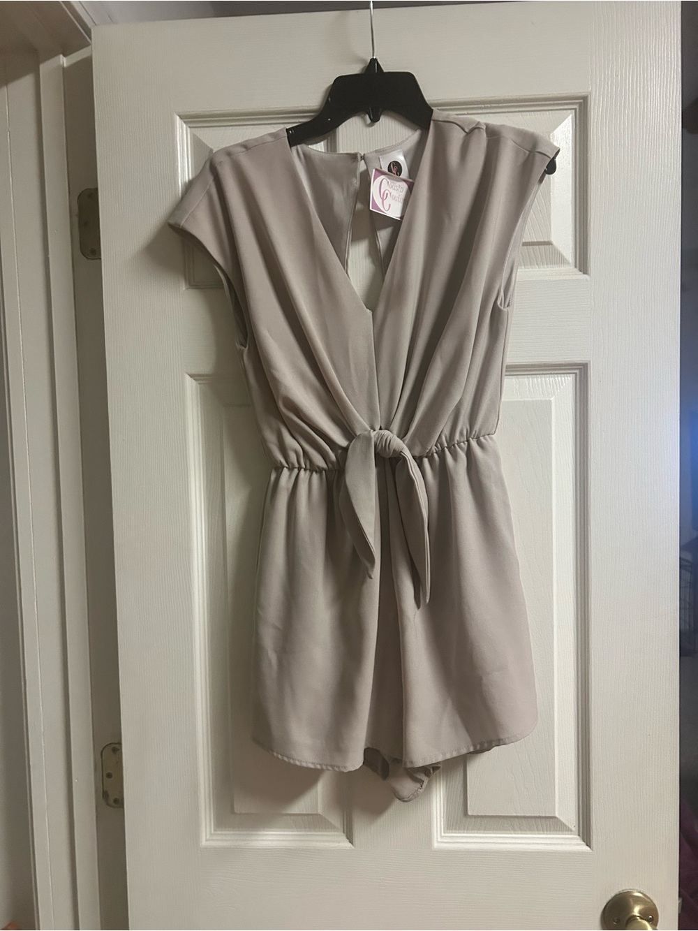 Cap-Sleeve Tie-Waist Shorts Romper in Light Taupe, size S